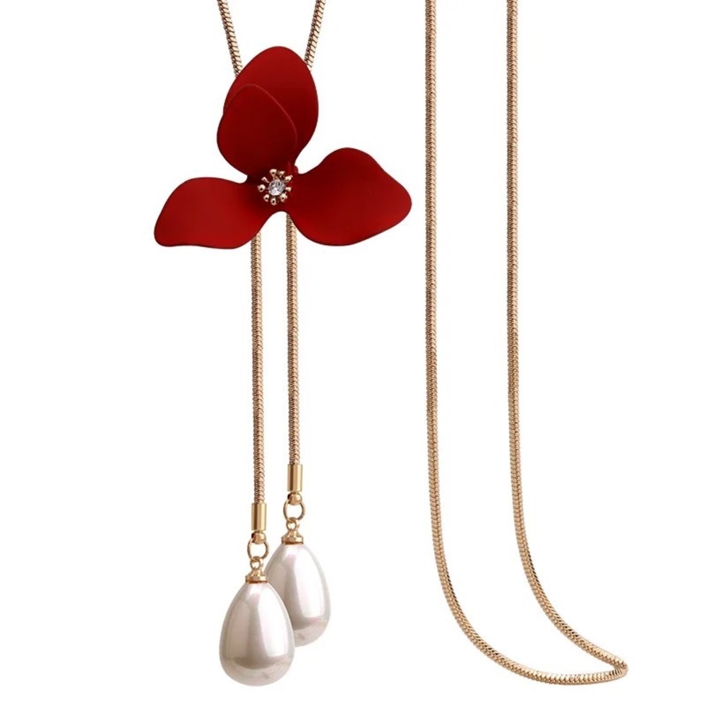 RED FLOWER GOLD LONG TASSEL NECKLACE